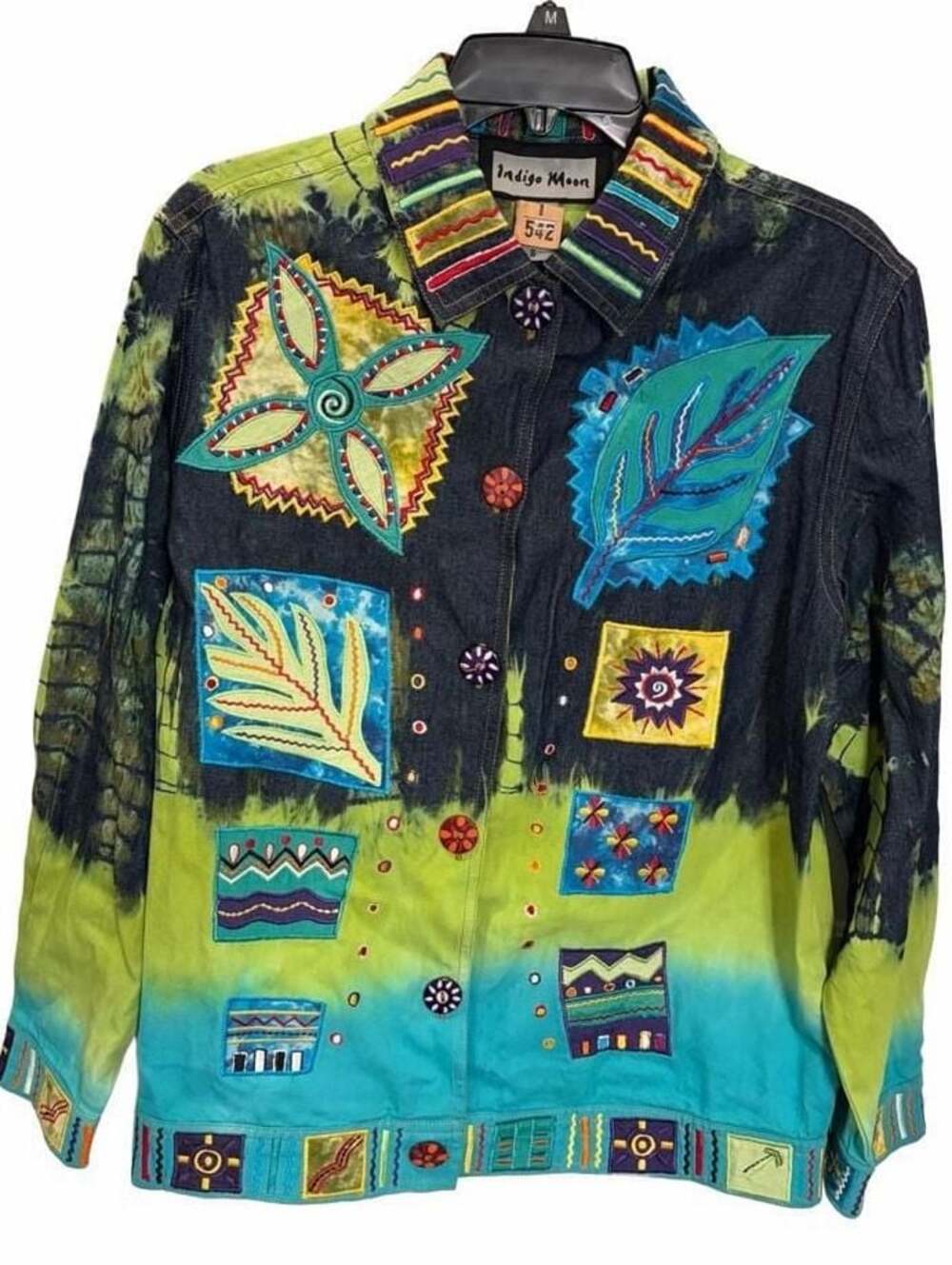 Indigo Moon Embellished Denim Jacket Small Tie Dye Wearable Art Boho Patchwork